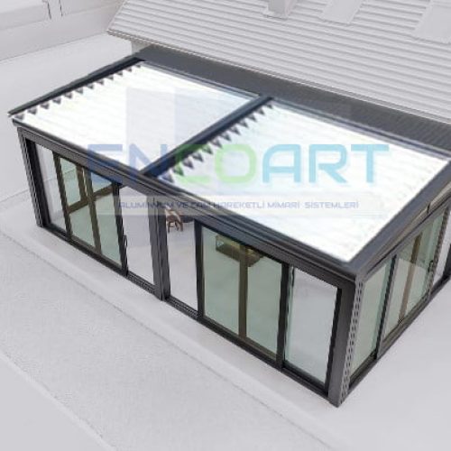 Pergola automatica EncoArt + + Sistema alzante scorrevole in vetro